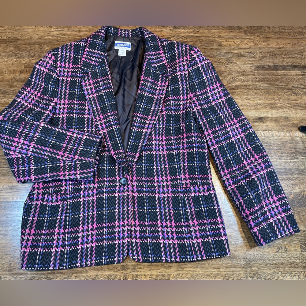 Vintage Pendleton Classic Wool Plaid Blazer Pink Purple Black - Size 16